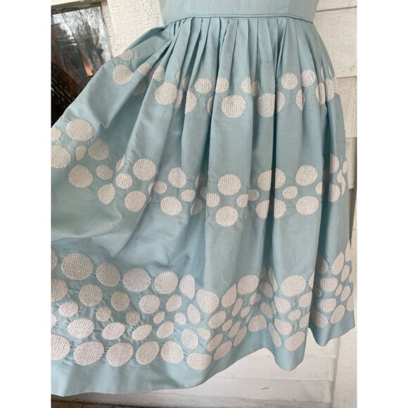 Vintage 1950s Betty Barclay Fit and Flare Dress Blue Embroidery Circles Sz Small - Picture 12 of 16